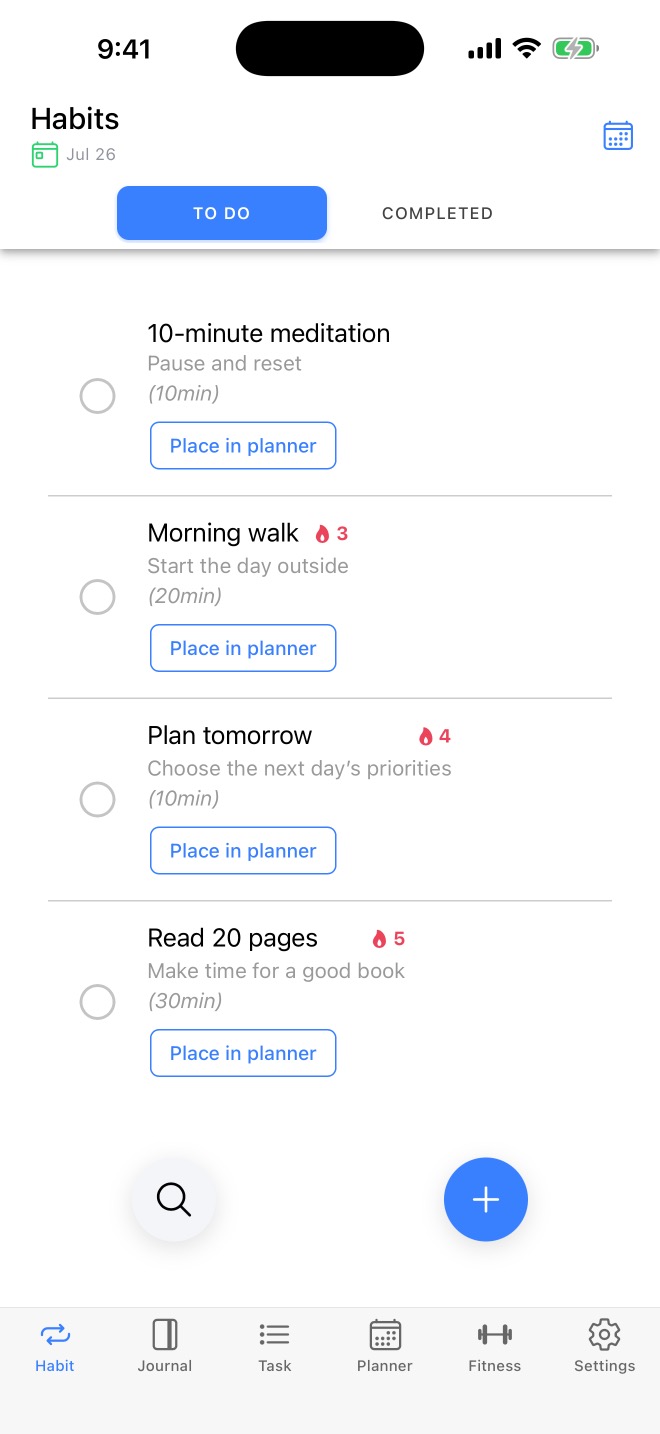 Total Journal showing a daily list of habits